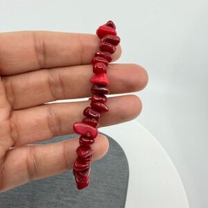 Vibrant Red Coral‎ Chip Stone Stretch Bracelet Boho Festival Layering Statement